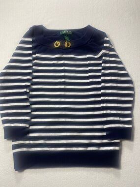 Ralph Lauren Navy and White Striped Knit Sweater with Gold Accent